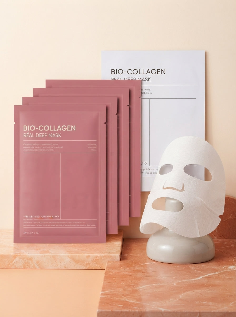 A woman with glowing skin holding a premium bio-collagen mask in a serene, sunlit room with terracotta and cream decor.