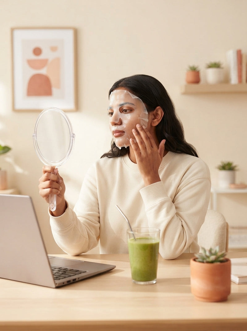 A young South Asian woman applying a clear hydrogel face mask while working at a minimalist desk with a laptop and smoothie.
